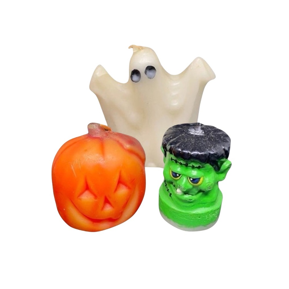 3 Collectible Retro Halloween Candles Pumpkin Ghost and Frankenstein Candles